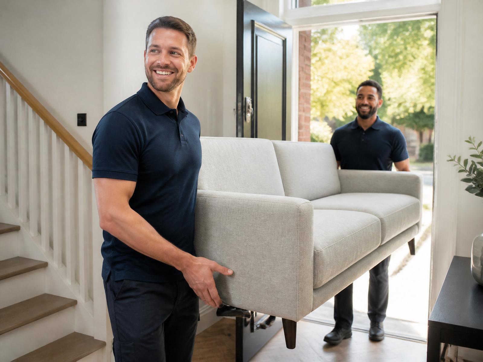Two Delivered professionals in navy polos carrying a sofa into a bright modern home